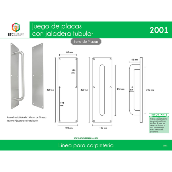 Placas con Jaladera Acero Inox Mod. 2001 40 x 8 cm ETC (jgo) - Imagen 2