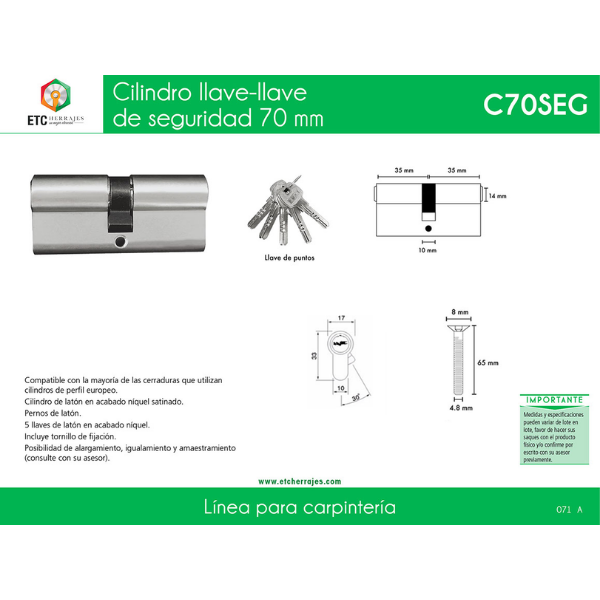 Cilindro Llave-Llave de Seguridad 70 mm ETC - Imagen 3