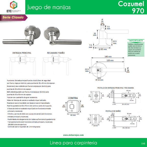 Cerradura de Baño Niquel Satin Mod. Cozumel ETC - Imagen 2