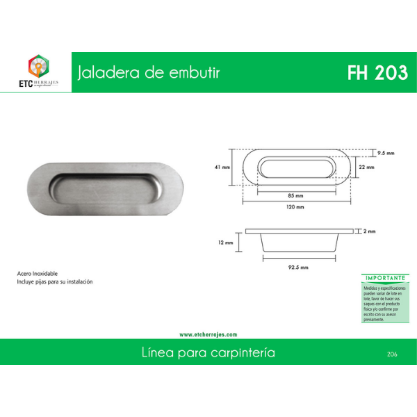 Jaladera de Embutir Acero Inox Mod. FH203 ETC - Imagen 2
