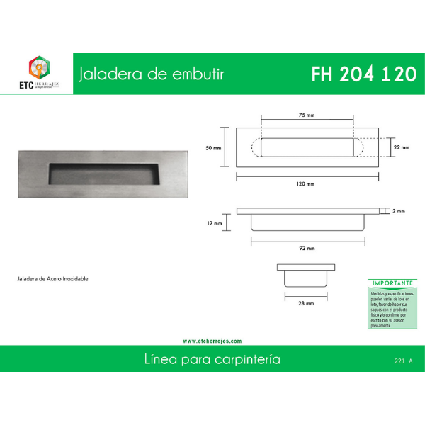 Jaladera de Embutir Acero Inox Mod. FH204-120 ETC - Imagen 2