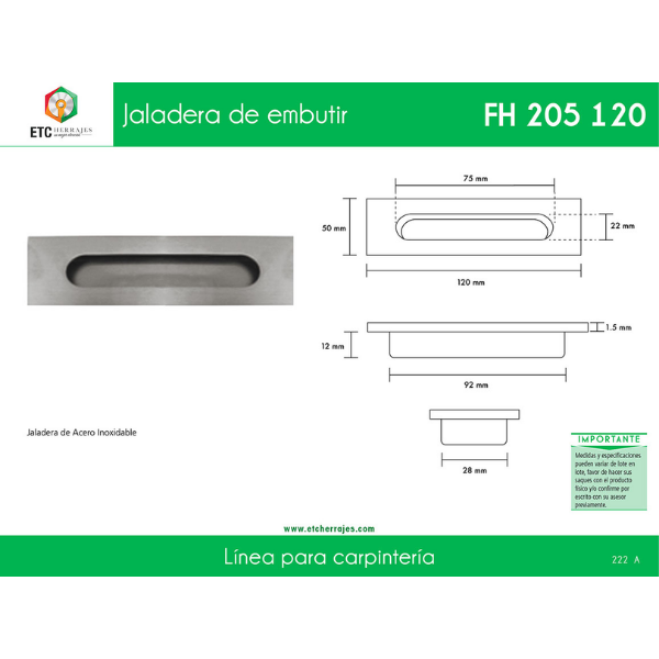 Jaladera de Embutir Acero Inox Mod. FH205-120 ETC - Imagen 2