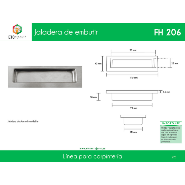 Jaladera de Embutir Acero Inox Mod. FH206 ETC - Imagen 2