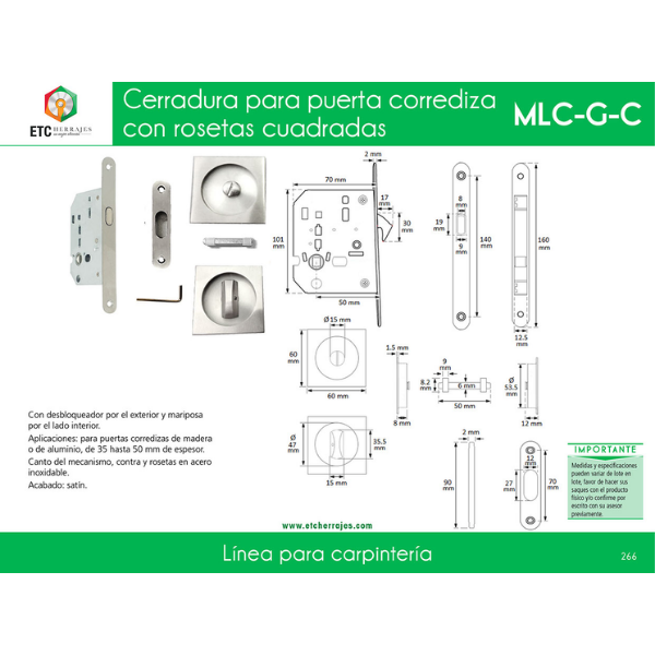 Cerradura para Puerta Corrediza con Manijas Cuadradas Mod. MLC-G-C ETC - Imagen 2
