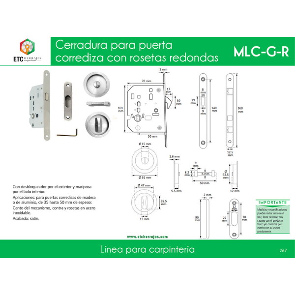 Cerradura para Puerta Corrediza con Manijas Redondas Mod. MLC-G-R ETC - Imagen 2