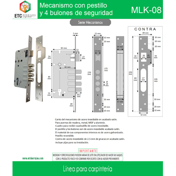 Mecanismo de Embutir con Pestillo y 4 Bulones Mod. MLK-08 ETC - Imagen 2