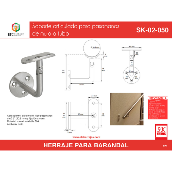 Soporte Pasamanos Acero Inoxidable Mod. SK-02-50 ETC - Imagen 2