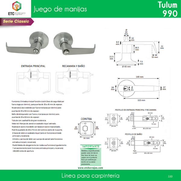 Cerradura de Recamara Niquel Satin Mod. Tulum ETC - Imagen 2