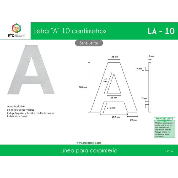 Letra 'A' Acero Inox Mod. LA-10 10 cm ETC - Imagen 2