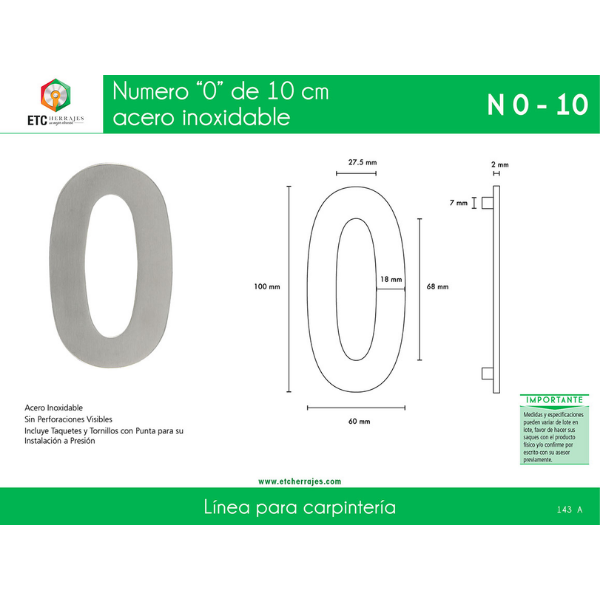 Numero '0' Acero Inox 10 CM ETC - Imagen 2