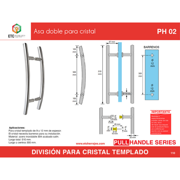 Asa Doble para Cristal Acero Inox PH-02 51 cm ETC - Imagen 2