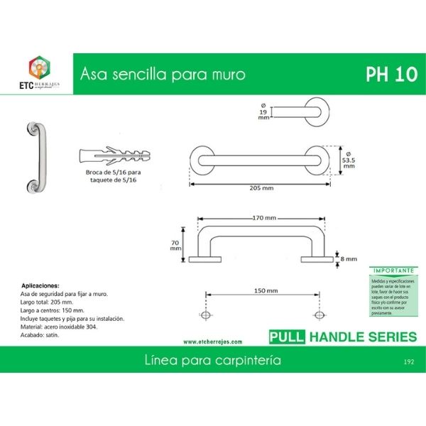 Asa Sencilla para Muro Acero Inox PH-10 20.5 cm ETC - Imagen 2