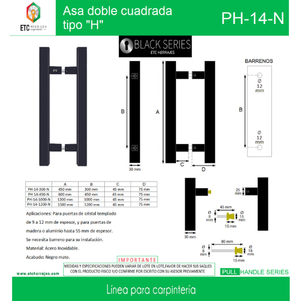 Asa Doble Cuadrada Tipo 'H' Negra PH-14-N 45 cm ETC - Imagen 2