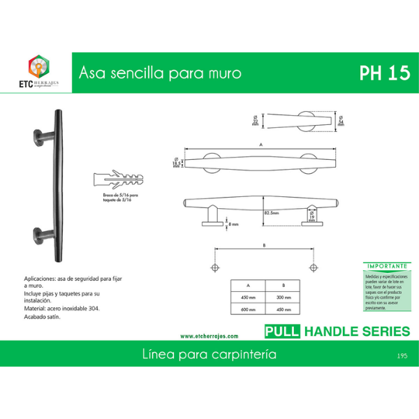 Asa Sencilla para Muro Acero Inox PH-15 45 cm ETC - Imagen 2