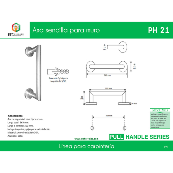 Asa Sencilla para Muro Acero Inox PH-21 36.3 cm ETC - Imagen 2