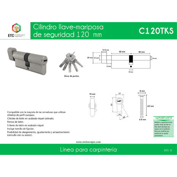 Cilindro Llave-Mariposa de Seguridad 120 mm ETC - Imagen 2