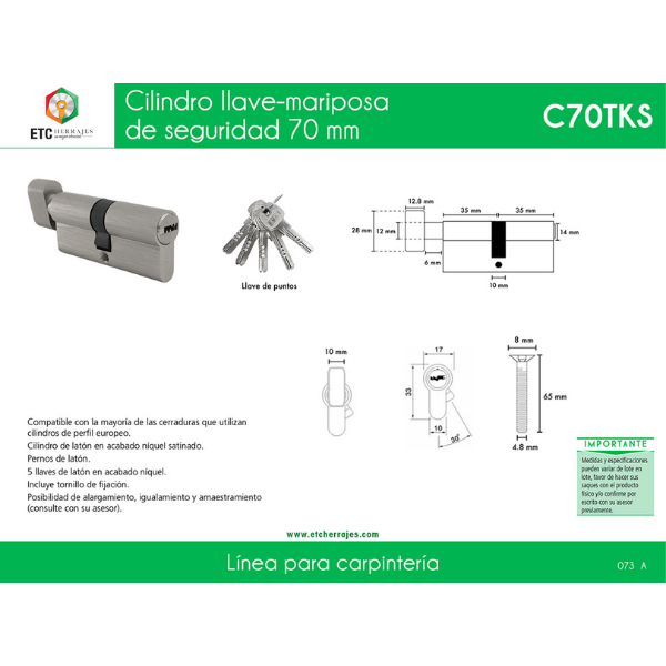 Cilindro Llave-Mariposa de Seguridad 70 mm ETC - Imagen 2