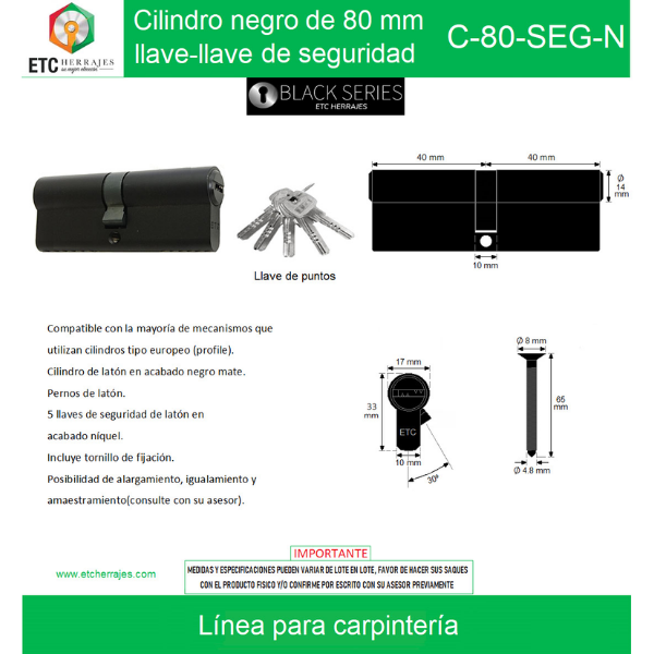 Cilindro Llave-Llave de Seguridad Negro 80 mm ETC - Imagen 2