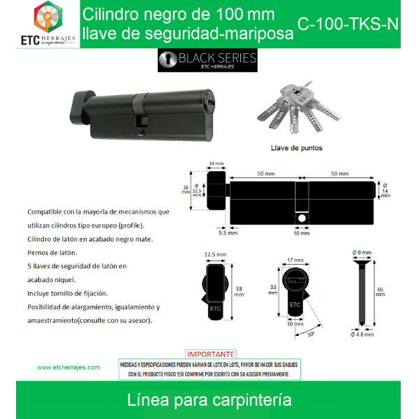 Cilindro Llave-Mariposa de Seguridad Negro 100 mm ETC - Imagen 2