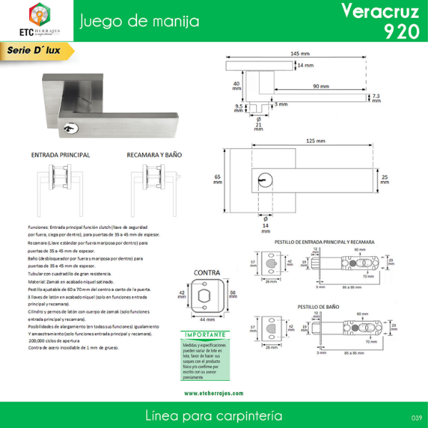 Cerradura de Baño Niquel Satin Mod. Veracruz ETC - Imagen 2
