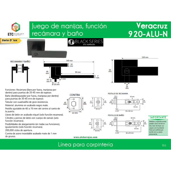 Cerradura de Baño Negro Mate Mod. Veracruz ETC - Imagen 2
