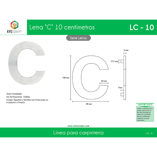 Letra 'C' Acero Inox Mod. LC-10 10 cm ETC - Imagen 2