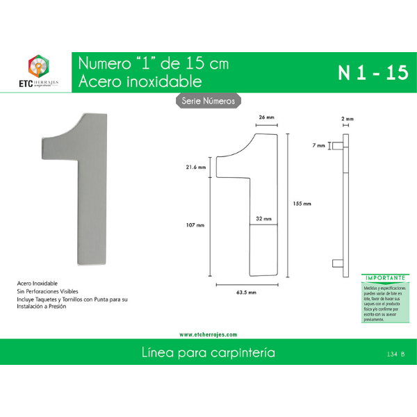 Numero '1' Acero Inox 15 CM ETC - Imagen 2