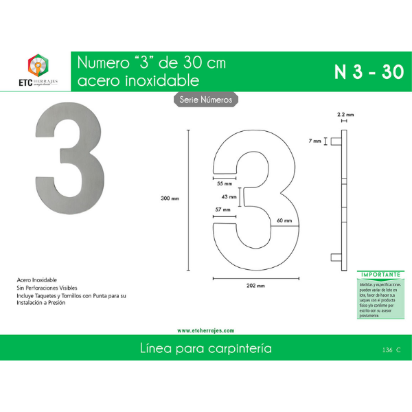 Numero '3' Acero Inox 30 CM ETC - Imagen 2