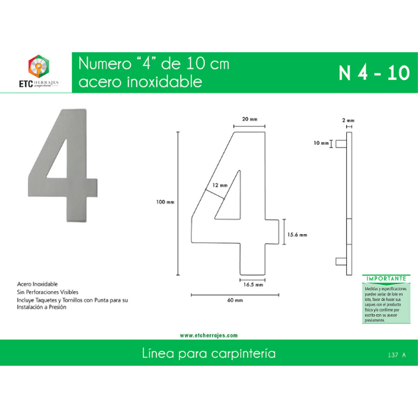 Numero '4' Acero Inox 10 CM ETC - Imagen 2