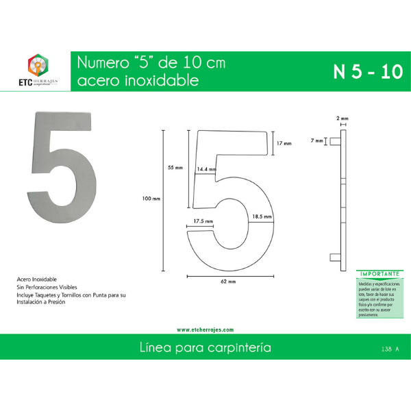Numero '5' Acero Inox 10 CM ETC - Imagen 2