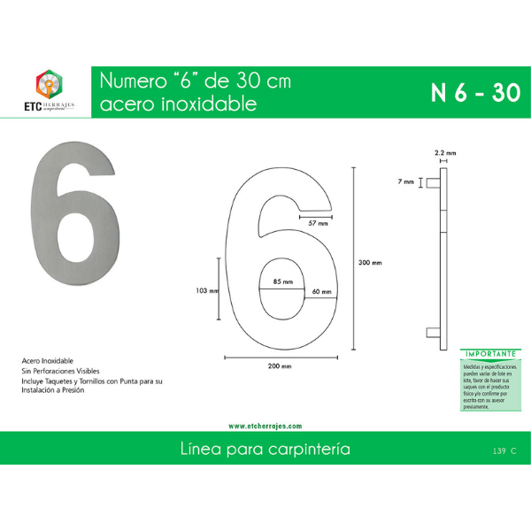 Numero '6' Acero Inox 30 CM ETC - Imagen 2