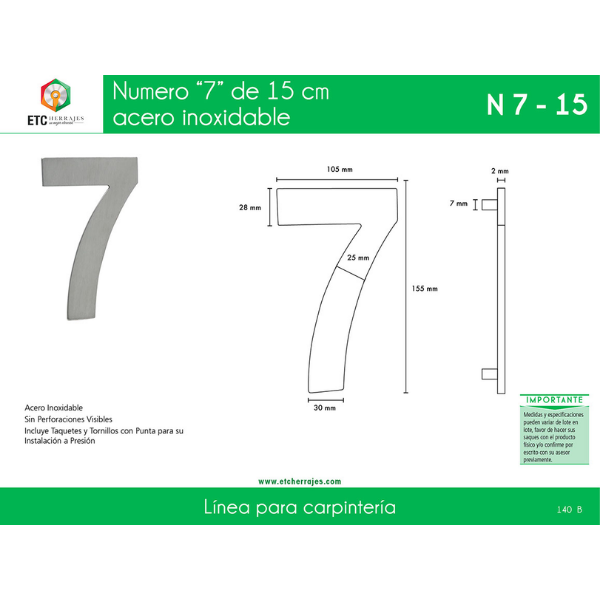Numero '7' Acero Inox 15 CM ETC - Imagen 2