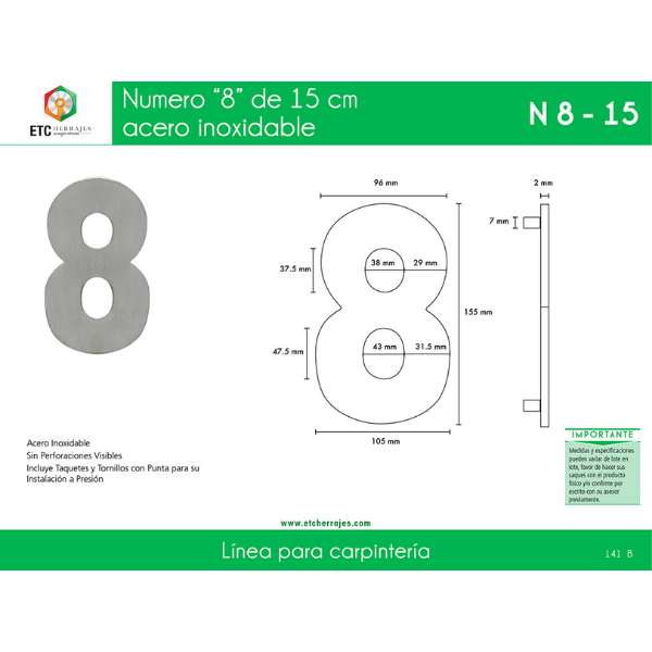 Numero '8' Acero Inox 15 CM ETC - Imagen 2