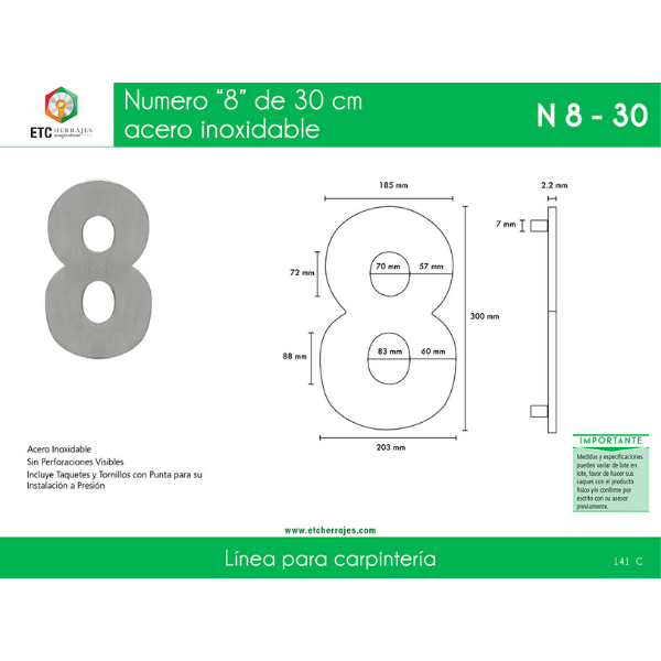 Numero '8' Acero Inox 30 CM ETC - Imagen 2