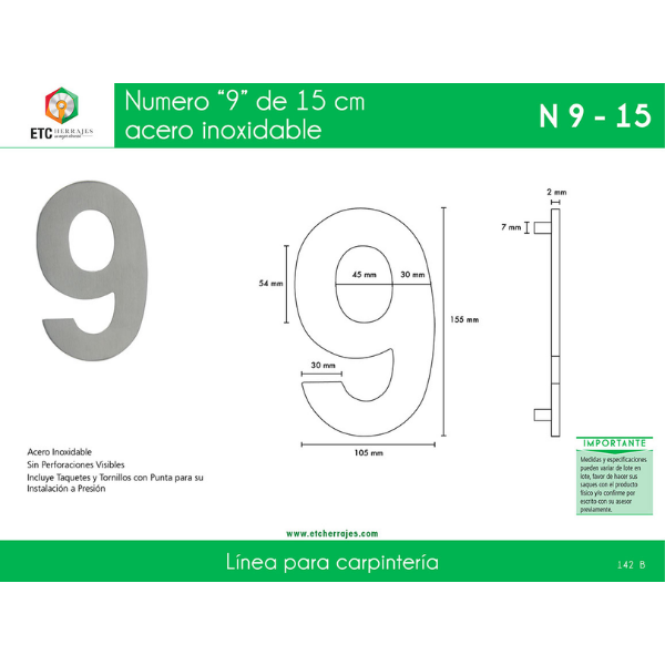 Numero '9' Acero Inox 15 CM ETC - Imagen 2