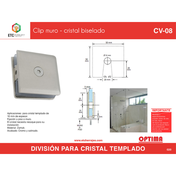 Clip Muro-Cristal Biselado Niquel Satin Mod. CV-08 ETC - Imagen 2