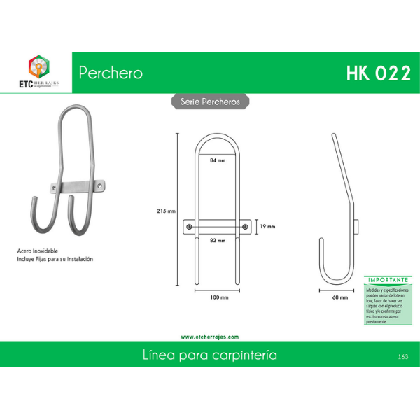 Perchero Doble Acero Inox Mod. HK-022 ETC - Imagen 2