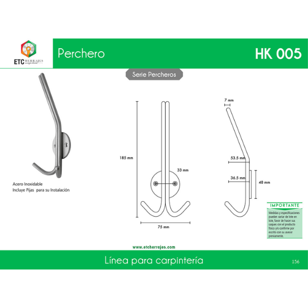 Perchero Doble Acero Inox Mod. HK-005 ETC - Imagen 2
