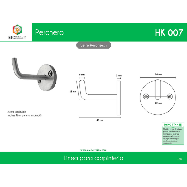 Perchero Doble Acero Inox Mod. HK-007 ETC - Imagen 2